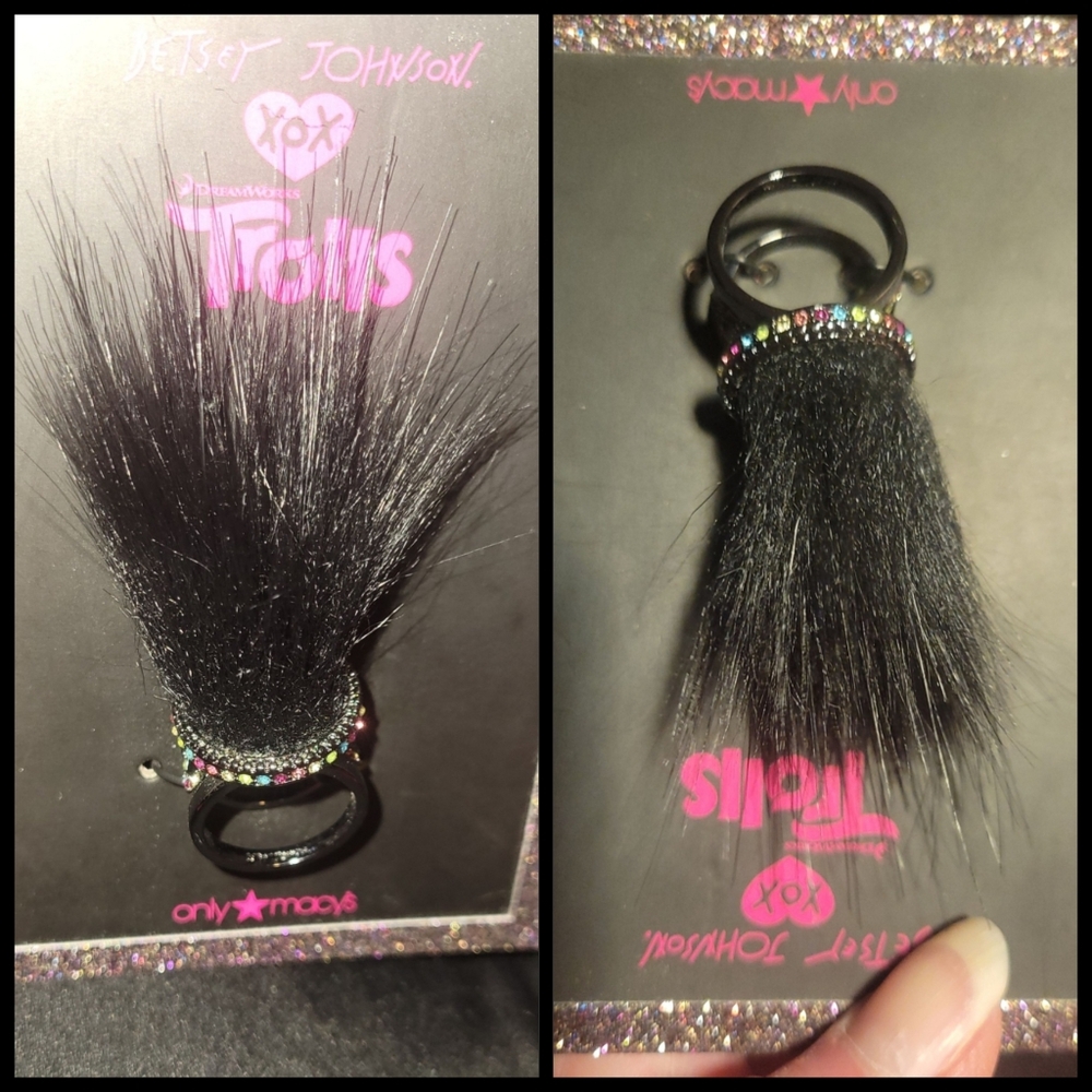 Betsey Johnson Macys 2016 Trolls gunmetal rhinestone blk hair Trolls ring 8 NWT - Picture 11 of 17